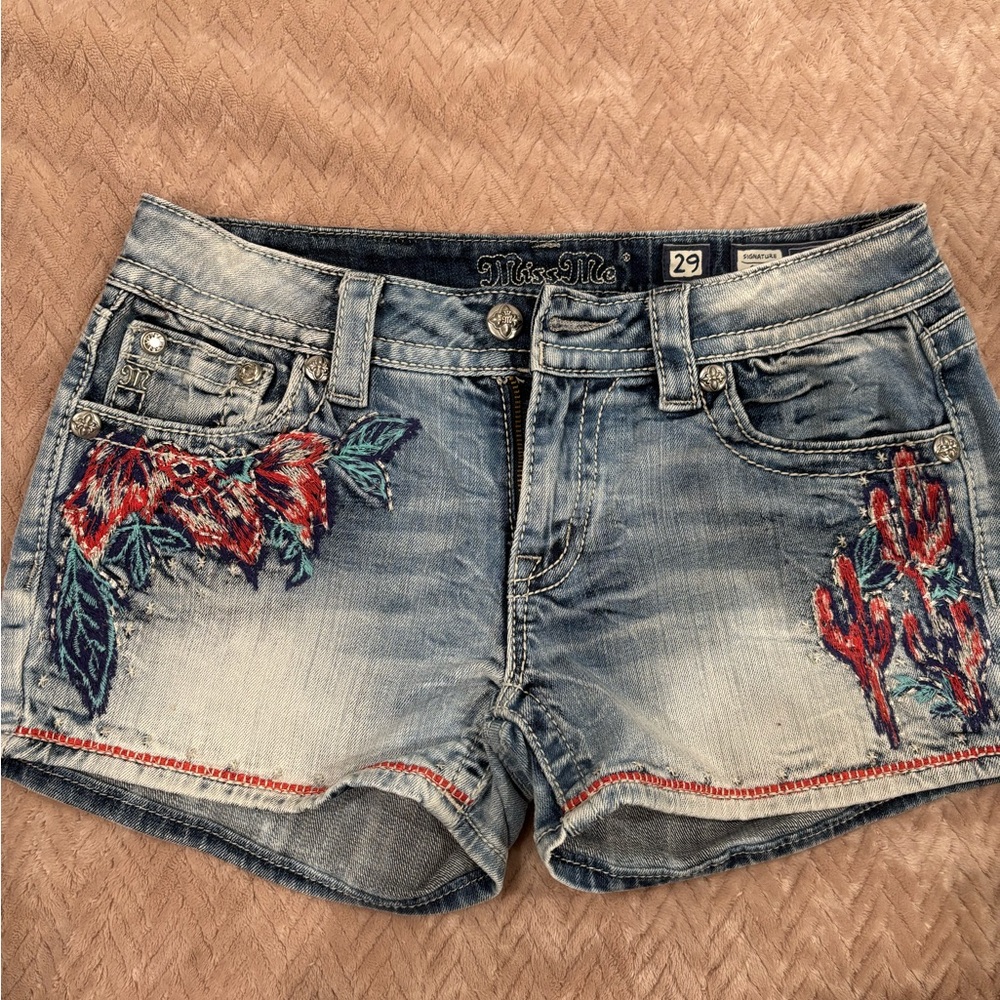 Miss Me Blue Jean Shorts with Red Floral Embroidery